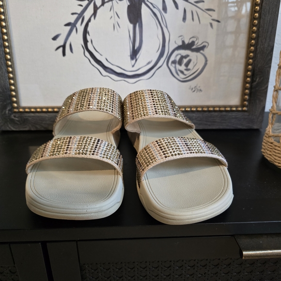 FitFlop Women's Flare Strobe Gold Toned Crystals Jewel Slide Sandals 8 - Picture 3 of 9